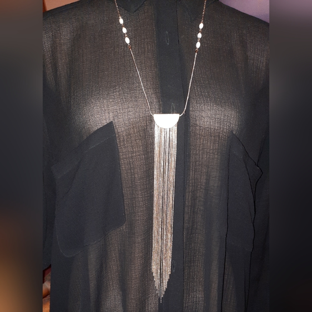 White house black market long mother of pearl look tassel fringe Necklace - Picture 2 of 16